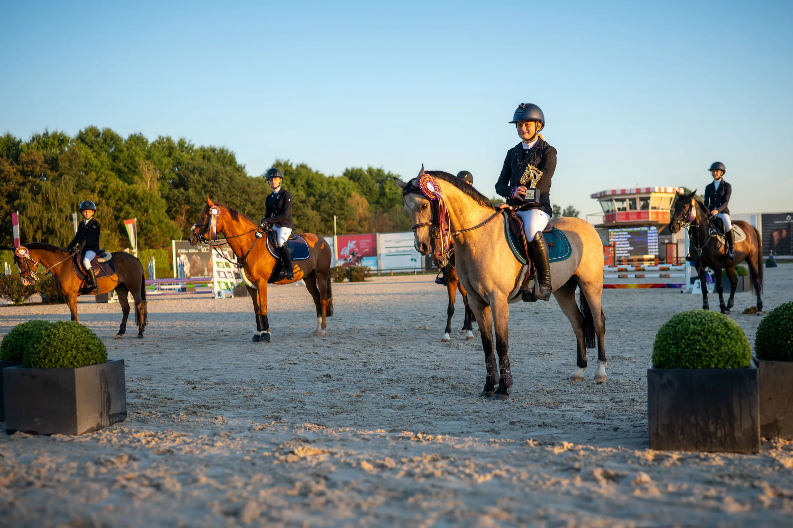 Ruiters op de losrijpiste van Azelhof in het warme avondlicht